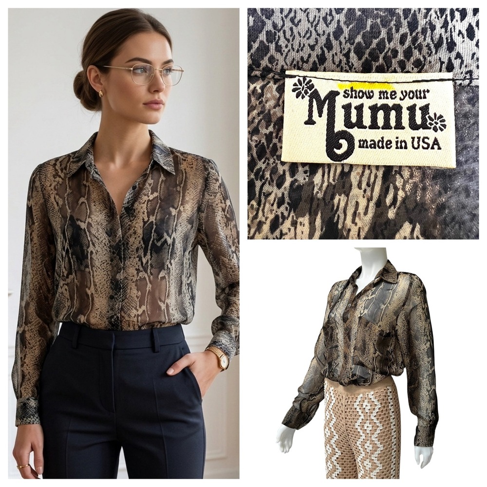 Show Me Your Mumu Sheer‎ Snakeskin Button Down Blouse Office Siren M Made in USA